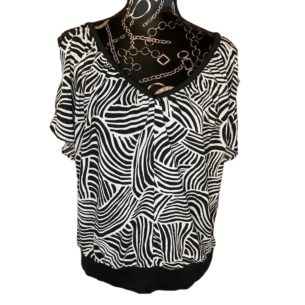 Old Navy Abstract Cold Shoulder Women's Large Black‎ White Blouse
